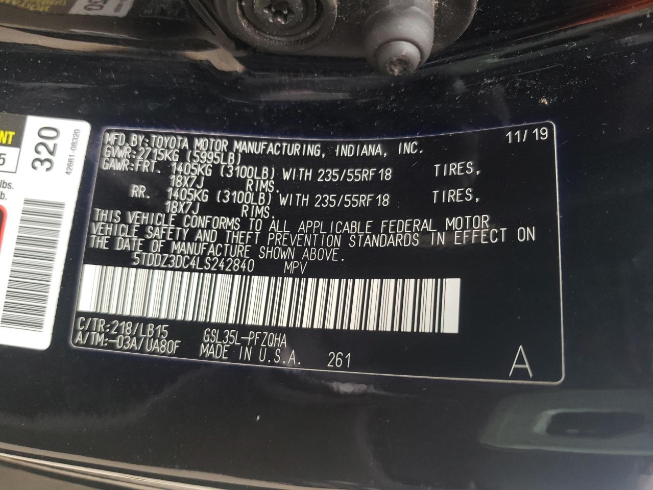 Photo 12 VIN: 5TDDZ3DC4LS242840 - TOYOTA SIENNA 