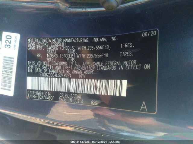 Photo 8 VIN: 5TDDZ3DC4LS248234 - TOYOTA SIENNA 