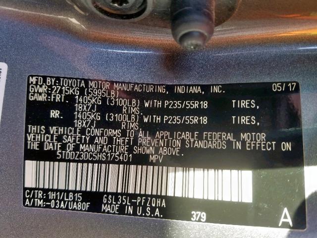 Photo 9 VIN: 5TDDZ3DC5HS175401 - TOYOTA SIENNA XLE 