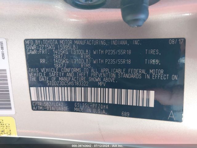 Photo 8 VIN: 5TDDZ3DC5HS183322 - TOYOTA SIENNA 