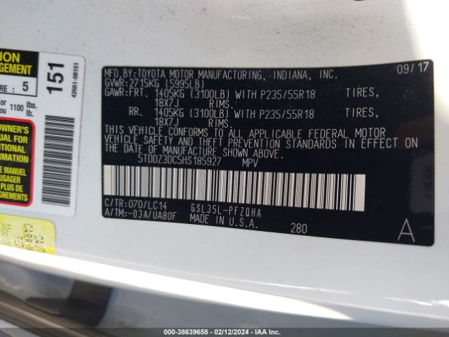 Photo 8 VIN: 5TDDZ3DC5HS185927 - TOYOTA SIENNA 