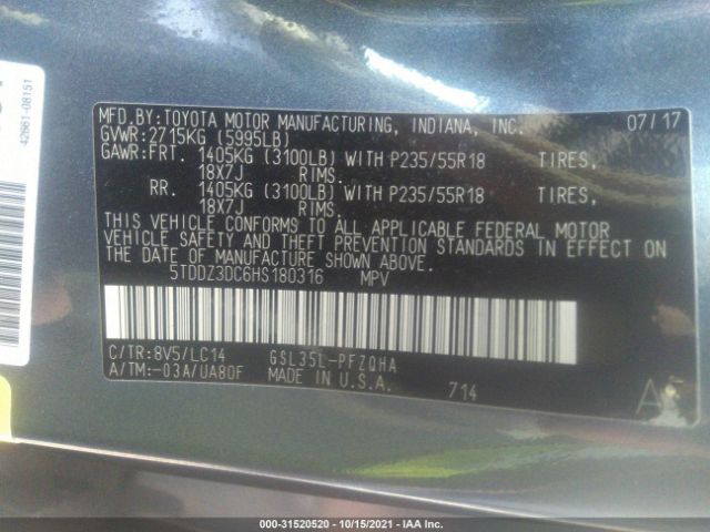 Photo 8 VIN: 5TDDZ3DC6HS180316 - TOYOTA SIENNA 