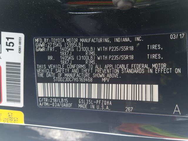 Photo 9 VIN: 5TDDZ3DC7HS169468 - TOYOTA SIENNA XLE 