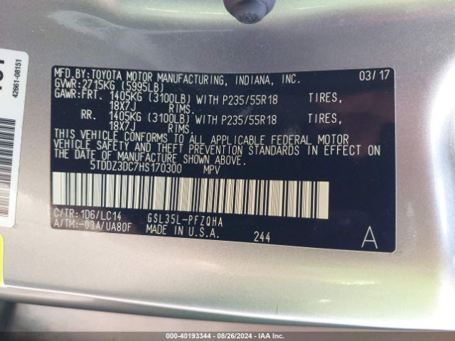 Photo 8 VIN: 5TDDZ3DC7HS170300 - TOYOTA SIENNA 