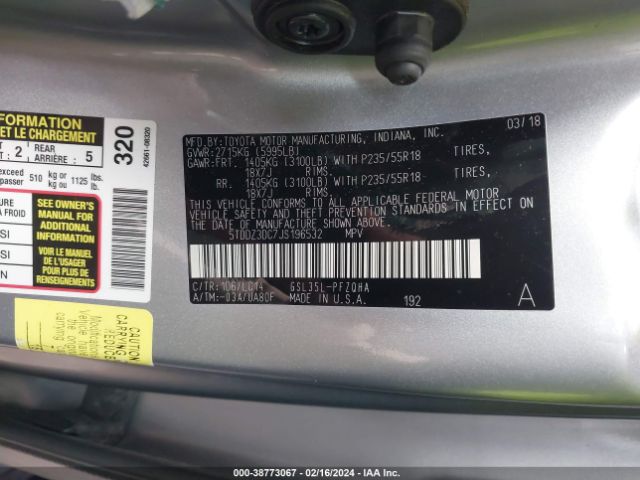 Photo 8 VIN: 5TDDZ3DC7JS196532 - TOYOTA SIENNA 