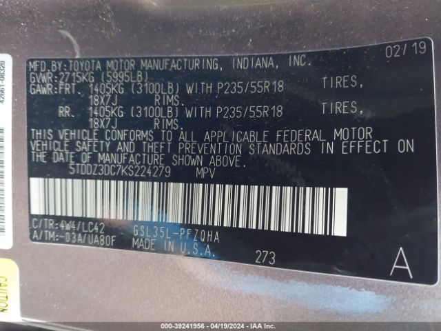 Photo 8 VIN: 5TDDZ3DC7KS224279 - TOYOTA SIENNA 