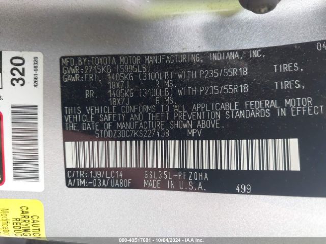 Photo 8 VIN: 5TDDZ3DC7KS227408 - TOYOTA SIENNA 