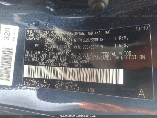 Photo 8 VIN: 5TDDZ3DC8LS242582 - TOYOTA SIENNA 