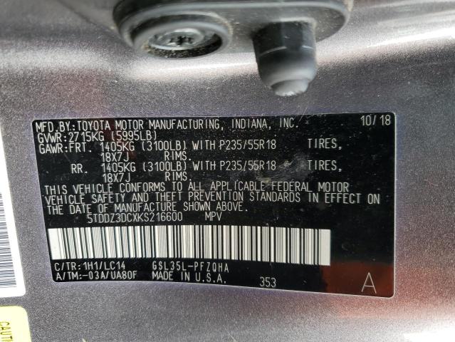 Photo 12 VIN: 5TDDZ3DCXKS216600 - TOYOTA ALL MODELS 