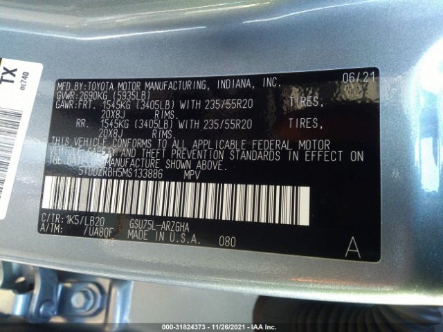 Photo 8 VIN: 5TDDZRBH5MS133886 - TOYOTA HIGHLANDER 