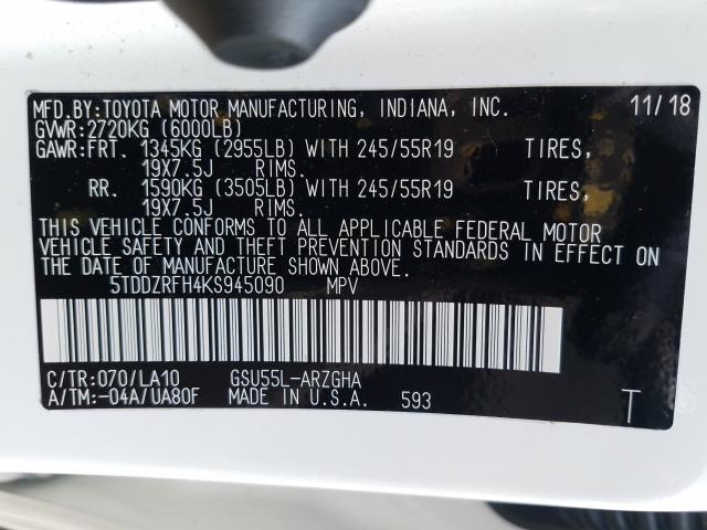 Photo 9 VIN: 5TDDZRFH4KS945090 - TOYOTA HIGHLANDER 