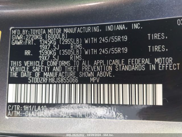 Photo 8 VIN: 5TDDZRFH8JS855066 - TOYOTA HIGHLANDER 