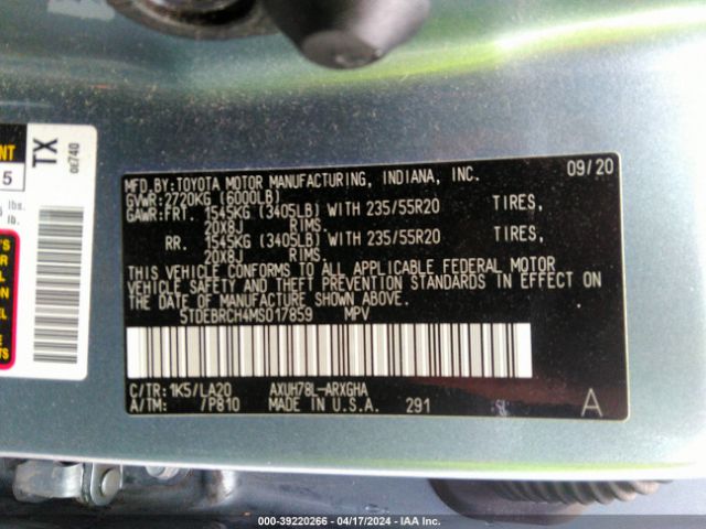 Photo 8 VIN: 5TDEBRCH4MS017859 - TOYOTA HIGHLANDER 