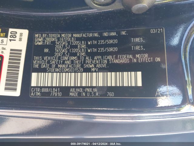 Photo 8 VIN: 5TDERKEC6MS031539 - TOYOTA SIENNA 