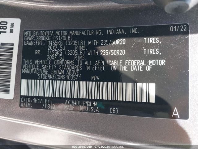 Photo 8 VIN: 5TDERKECXNS103571 - TOYOTA SIENNA 