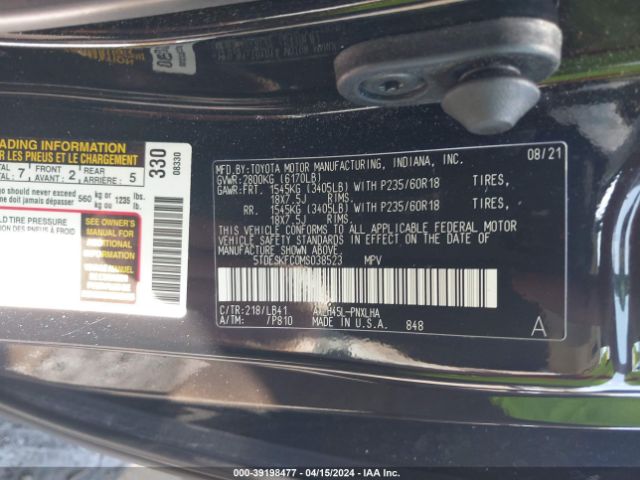 Photo 8 VIN: 5TDESKFC0MS038523 - TOYOTA SIENNA 