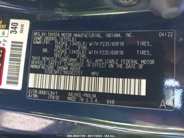 Photo 8 VIN: 5TDESKFC1NS062251 - TOYOTA SIENNA 