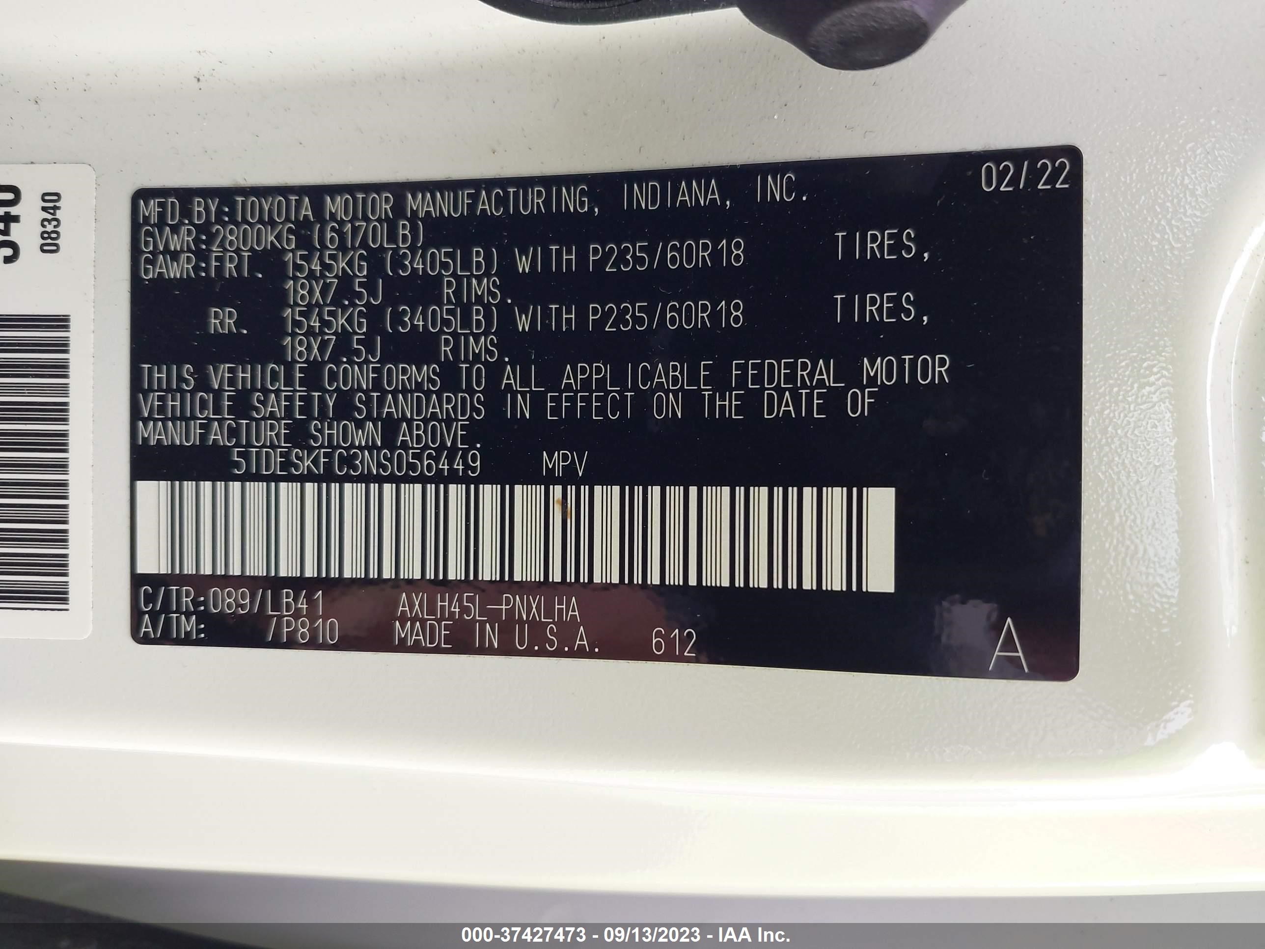 Photo 8 VIN: 5TDESKFC3NS056449 - TOYOTA SIENNA 