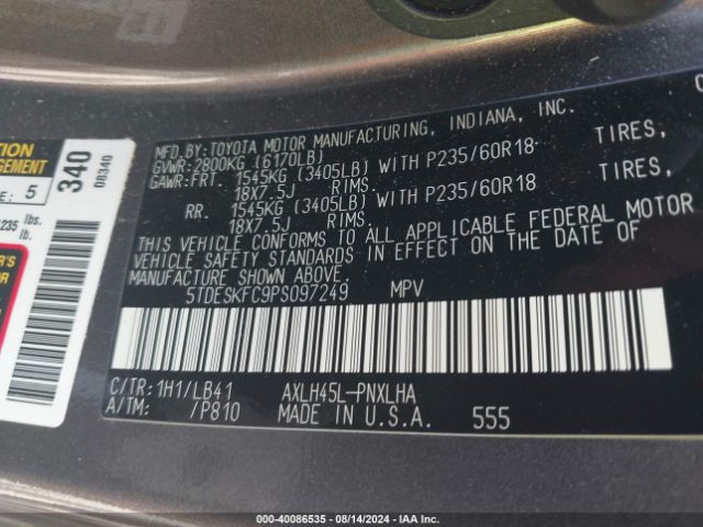 Photo 8 VIN: 5TDESKFC9PS097249 - TOYOTA SIENNA 