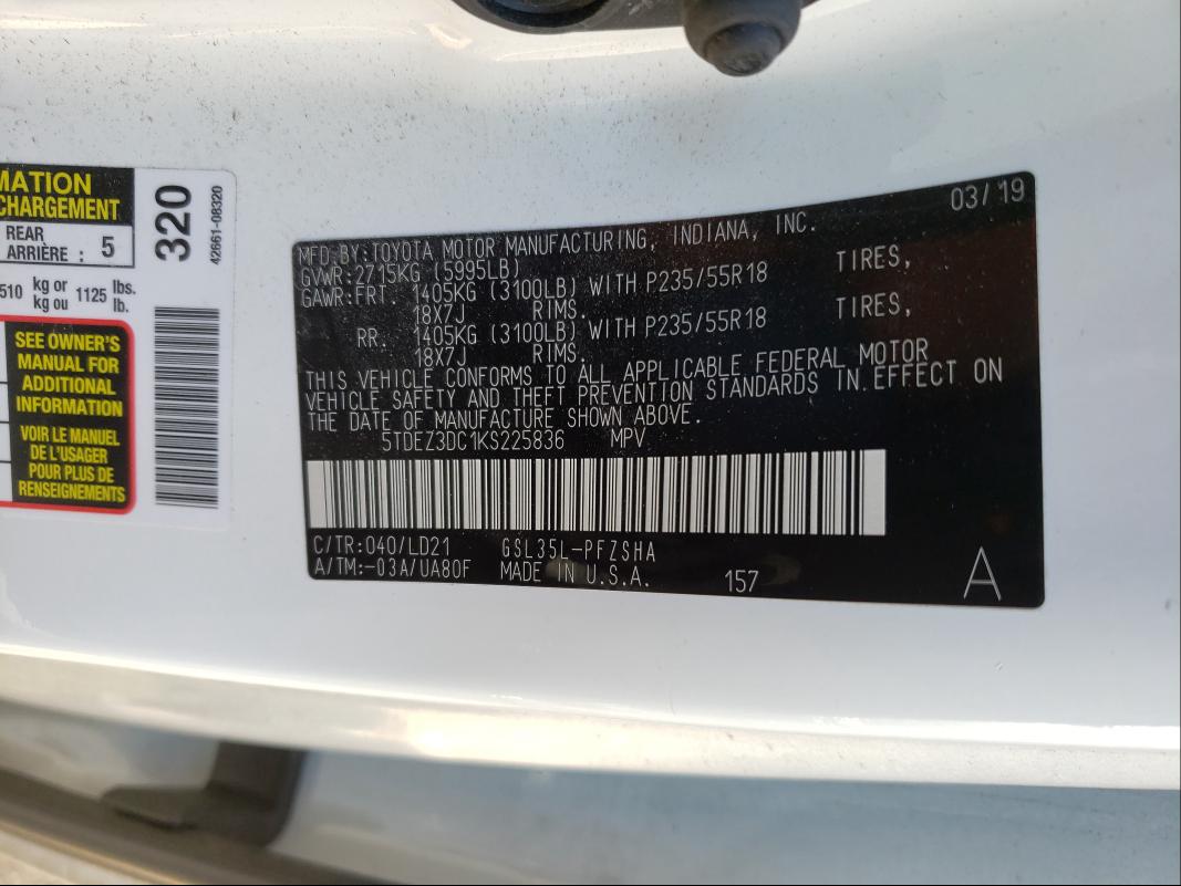 Photo 9 VIN: 5TDEZ3DC1KS225836 - TOYOTA SIENNA SE 