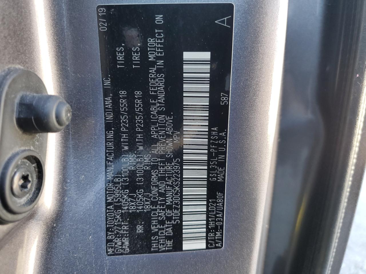 Photo 12 VIN: 5TDEZ3DC5KS223975 - TOYOTA SIENNA 