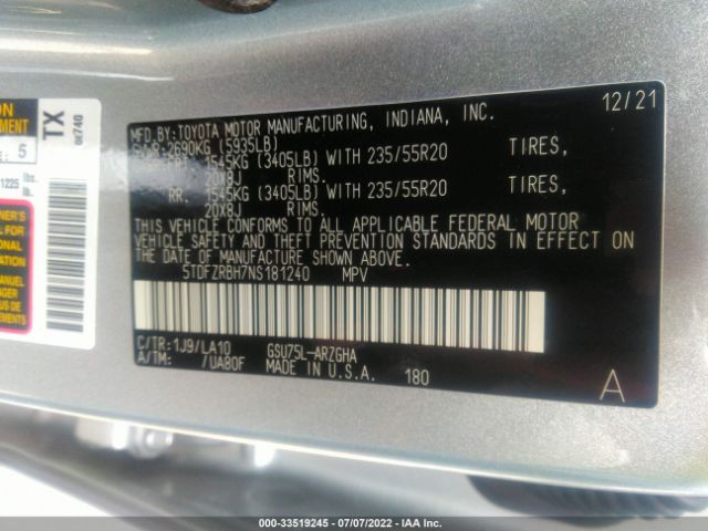 Photo 8 VIN: 5TDFZRBH7NS181240 - TOYOTA HIGHLANDER 