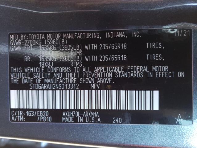 Photo 12 VIN: 5TDGARAH2NS013342 - TOYOTA HIGHLANDER 