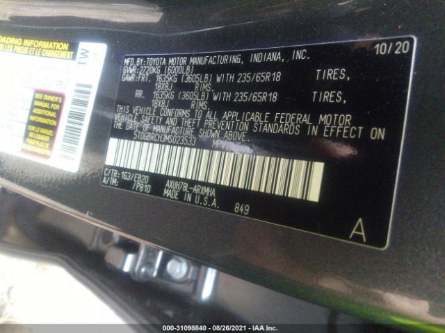 Photo 8 VIN: 5TDGBRCH3MS023533 - TOYOTA HIGHLANDER HYBRID 