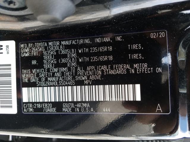 Photo 9 VIN: 5TDGZRAH0LS504465 - TOYOTA HIGHLANDER 