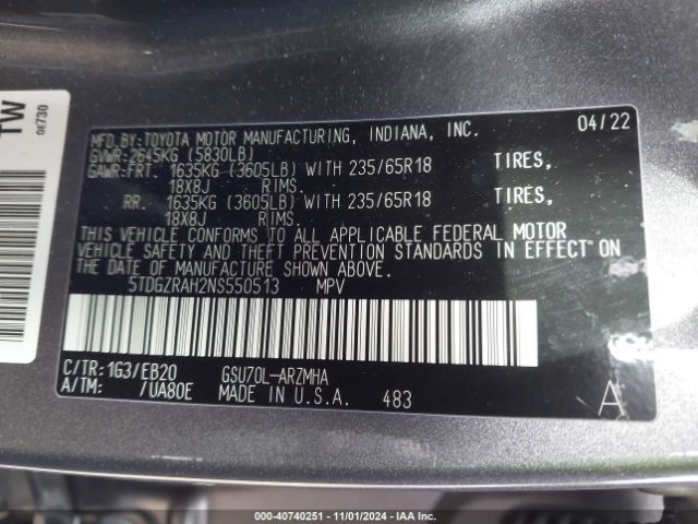 Photo 8 VIN: 5TDGZRAH2NS550513 - TOYOTA HIGHLANDER 