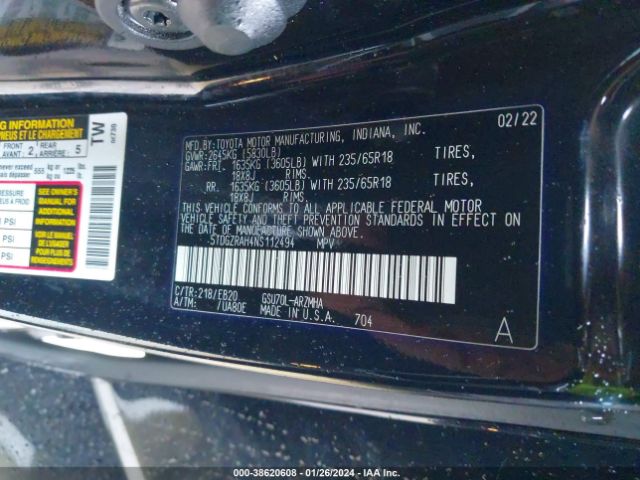 Photo 8 VIN: 5TDGZRAH4NS112494 - TOYOTA HIGHLANDER 