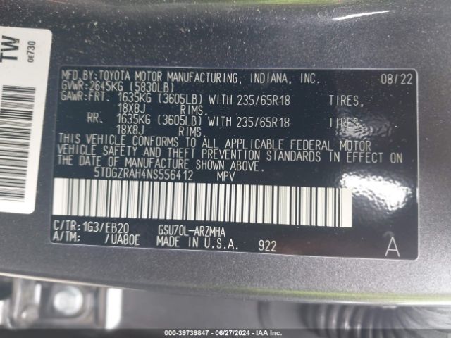 Photo 8 VIN: 5TDGZRAH4NS556412 - TOYOTA HIGHLANDER 