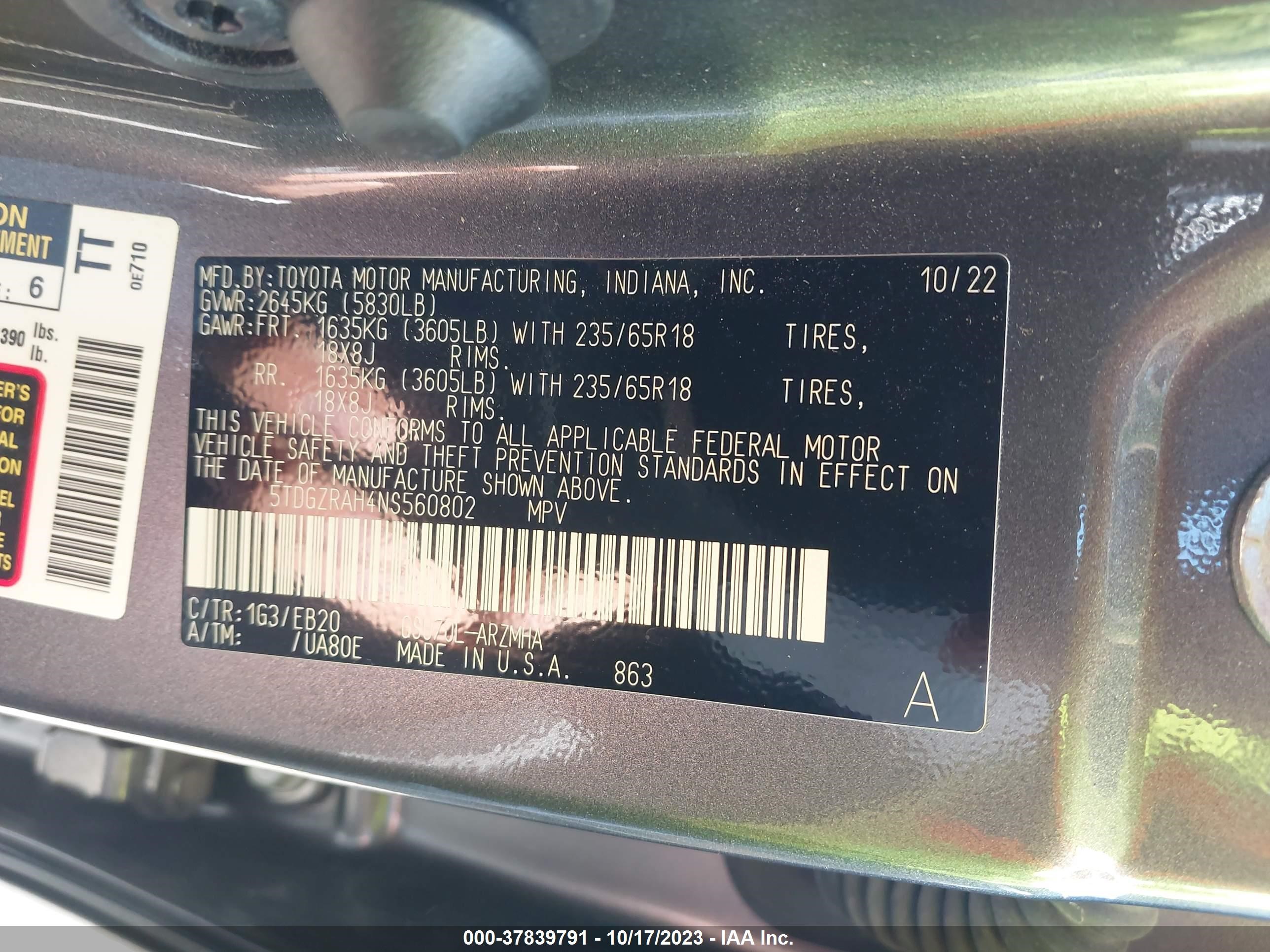 Photo 8 VIN: 5TDGZRAH4NS560802 - TOYOTA HIGHLANDER 