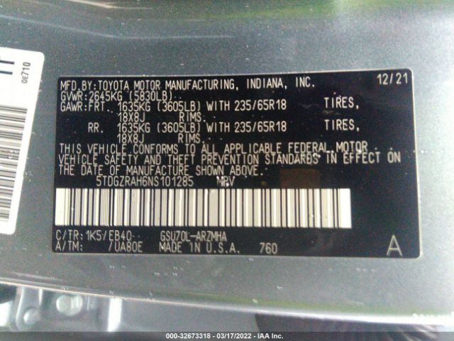 Photo 8 VIN: 5TDGZRAH6NS101285 - TOYOTA HIGHLANDER 