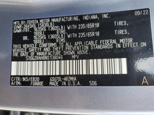 Photo 12 VIN: 5TDGZRAH8NS138046 - TOYOTA HIGHLANDER 