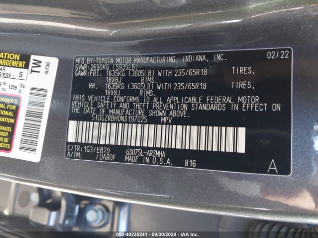 Photo 8 VIN: 5TDGZRBH0NS197025 - TOYOTA HIGHLANDER 