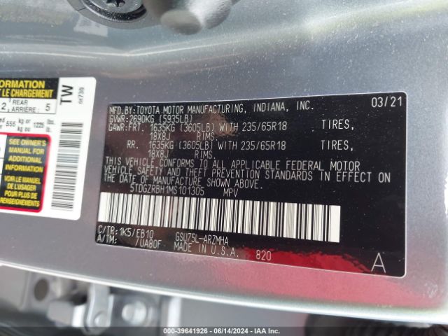 Photo 8 VIN: 5TDGZRBH1MS101305 - TOYOTA HIGHLANDER 