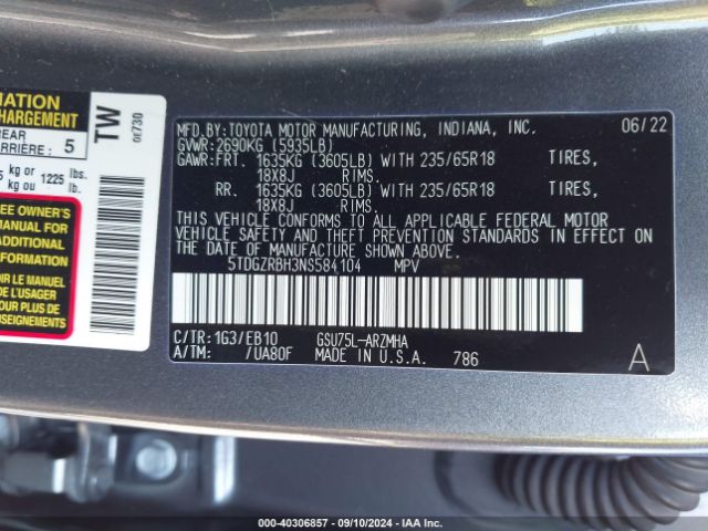 Photo 8 VIN: 5TDGZRBH3NS584104 - TOYOTA HIGHLANDER 