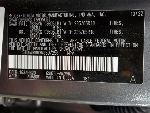 Photo 12 VIN: 5TDGZRBH3NS597256 - TOYOTA HIGHLANDER 