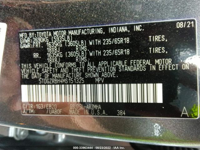 Photo 8 VIN: 5TDGZRBH4MS151325 - TOYOTA HIGHLANDER 