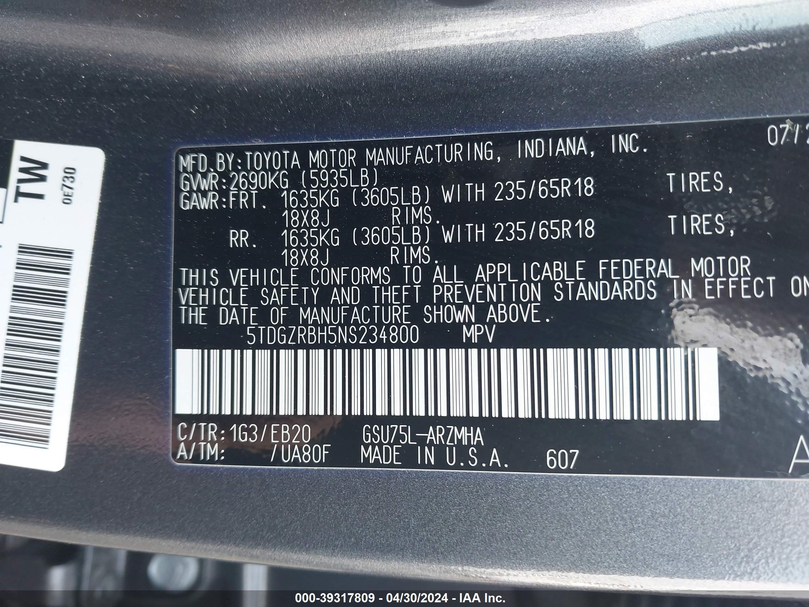 Photo 8 VIN: 5TDGZRBH5NS234800 - TOYOTA HIGHLANDER 