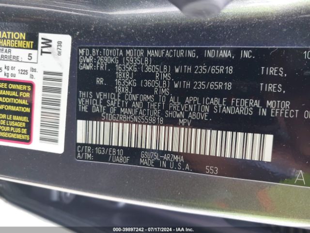 Photo 8 VIN: 5TDGZRBH5NS559818 - TOYOTA HIGHLANDER 