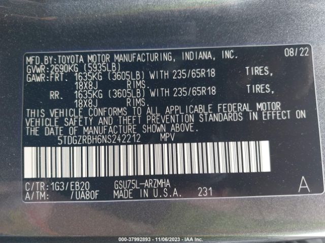 Photo 8 VIN: 5TDGZRBH6NS242212 - TOYOTA HIGHLANDER 