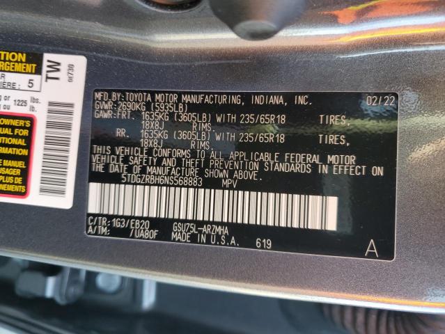 Photo 12 VIN: 5TDGZRBH6NS568883 - TOYOTA HIGHLANDER 