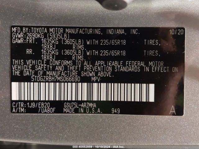 Photo 8 VIN: 5TDGZRBH7MS066690 - TOYOTA HIGHLANDER 