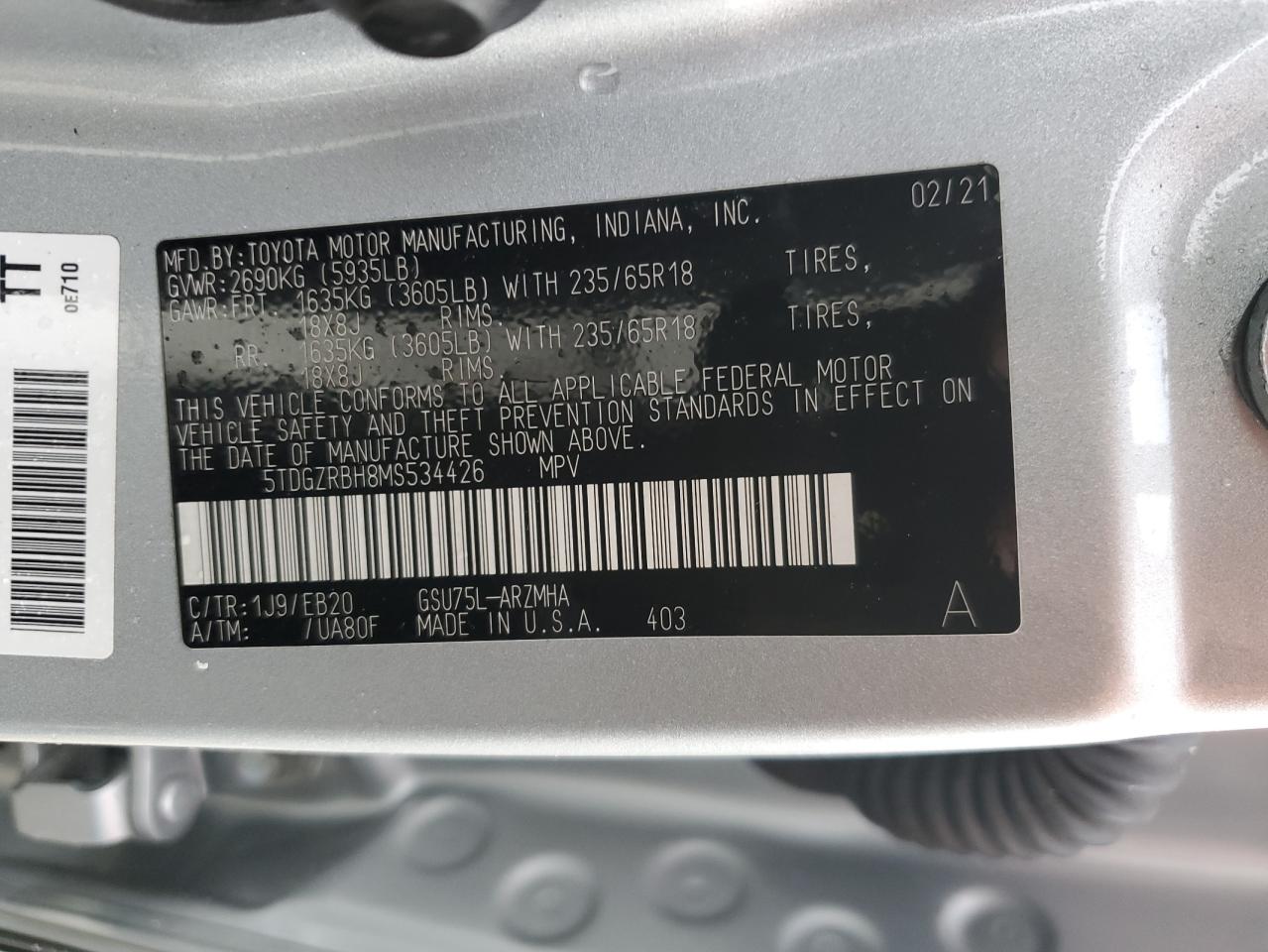 Photo 12 VIN: 5TDGZRBH8MS534426 - TOYOTA HIGHLANDER 