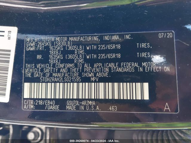 Photo 8 VIN: 5TDHZRAH2LS021595 - TOYOTA HIGHLANDER 