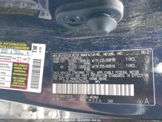 Photo 8 VIN: 5TDHZRAH3MS076400 - TOYOTA HIGHLANDER 