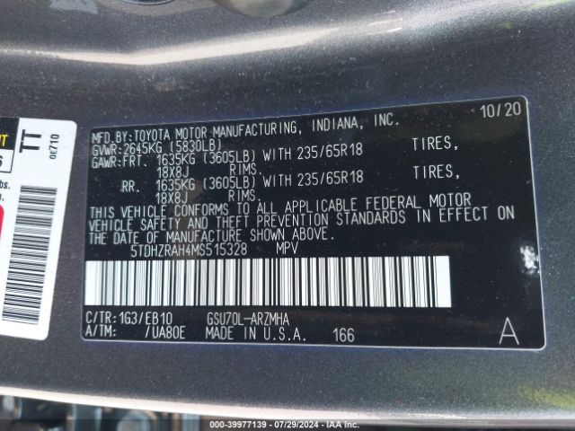 Photo 8 VIN: 5TDHZRAH4MS515328 - TOYOTA HIGHLANDER 