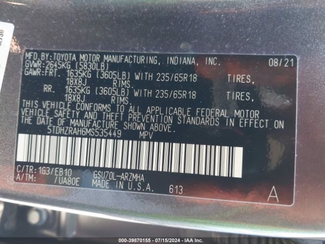 Photo 8 VIN: 5TDHZRAH6MS535449 - TOYOTA HIGHLANDER 